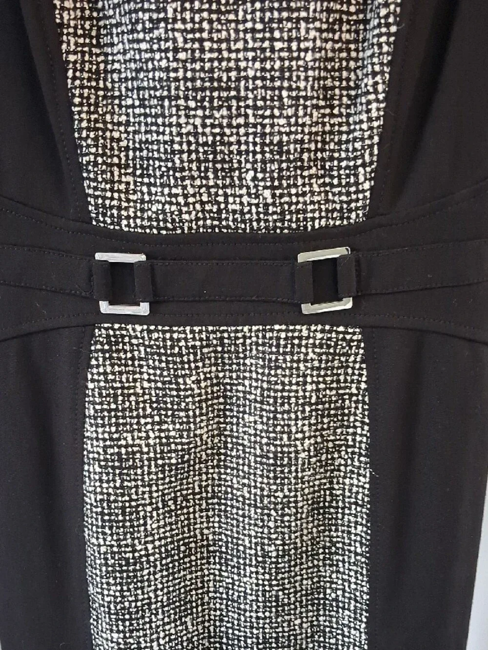 White House Black Market Black and White Tweed-Panel Midi Sheath Dress